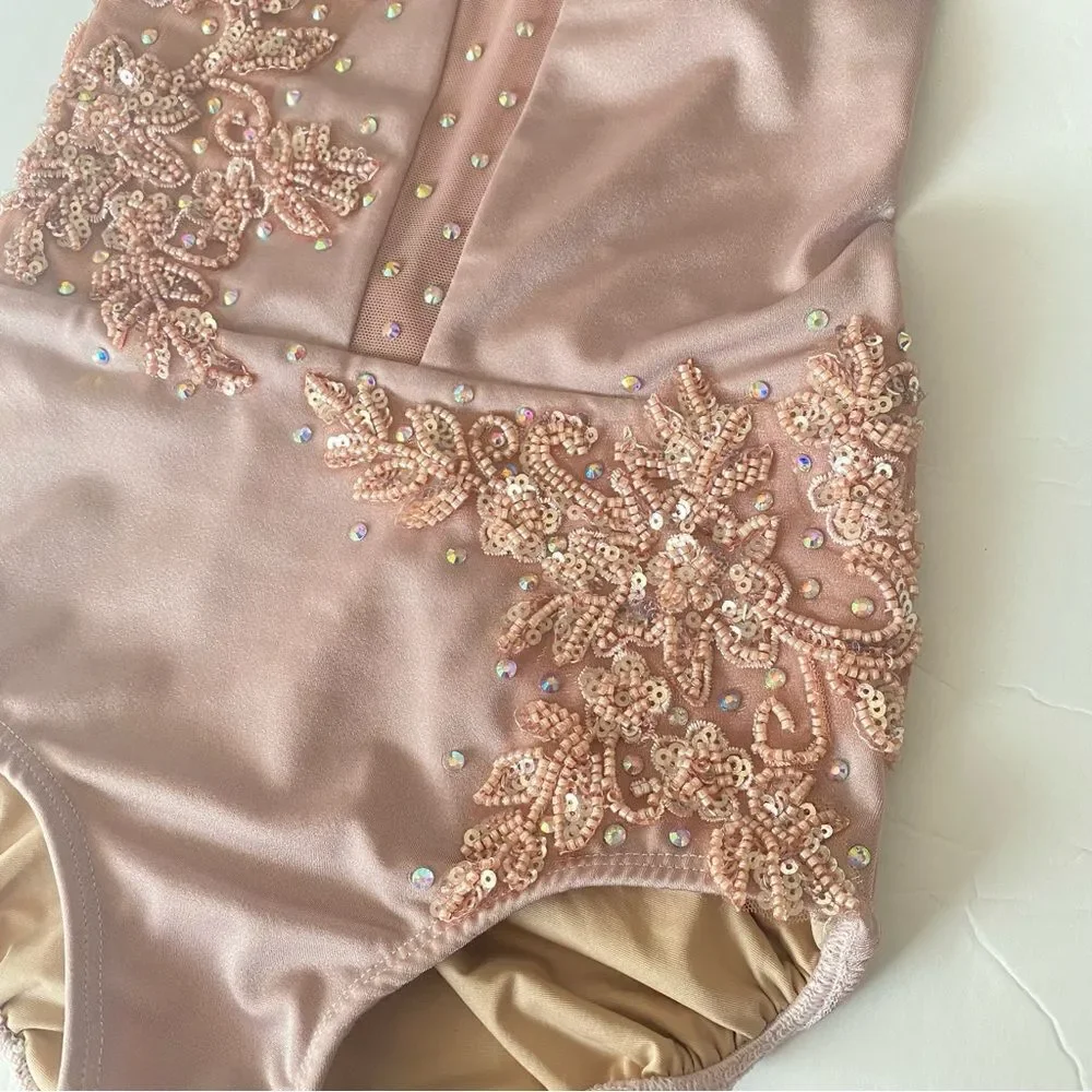 Custom solo custom dance costume leotard blush illusion rhinestone MC med child